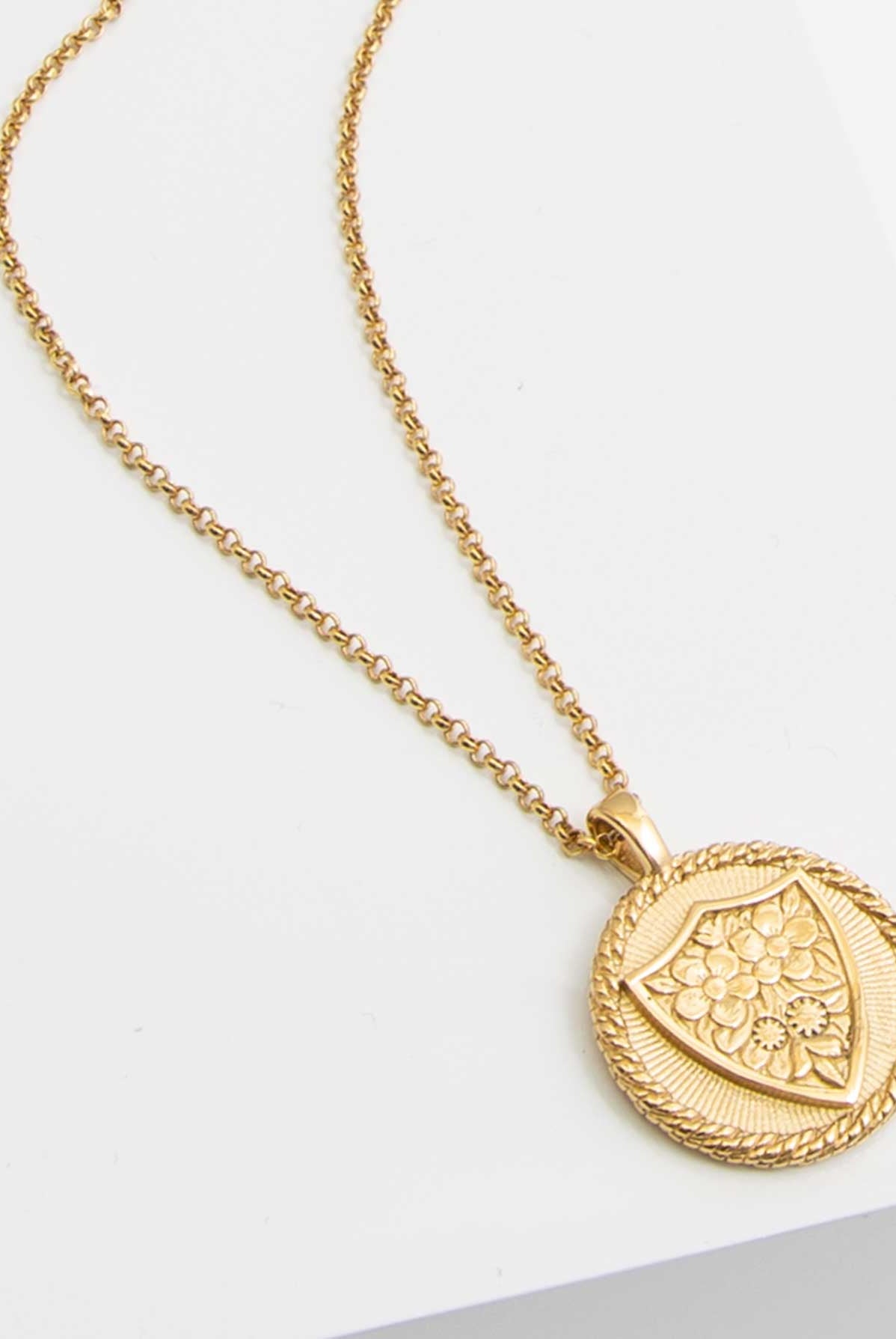 The Boundless Faith Necklace is a gold chain necklace with a circular gold pendant. The pendant has a gold vine border. In the center is a shield shape filled with golden flowers.