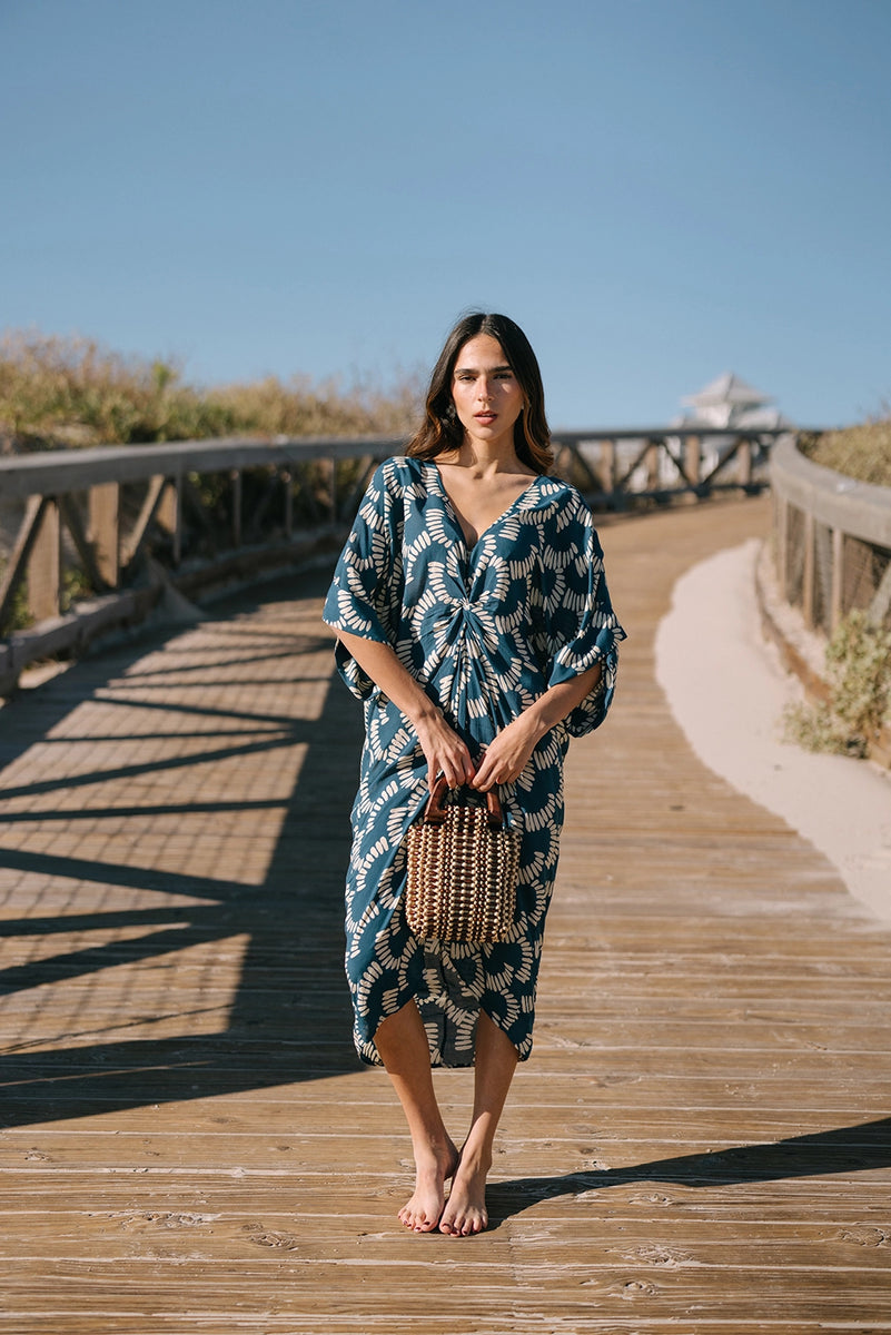 marina beaded dress Caftan | Noonday Size:36 Regular CC:BW Blue Half Sleeve White elegant choice for evening