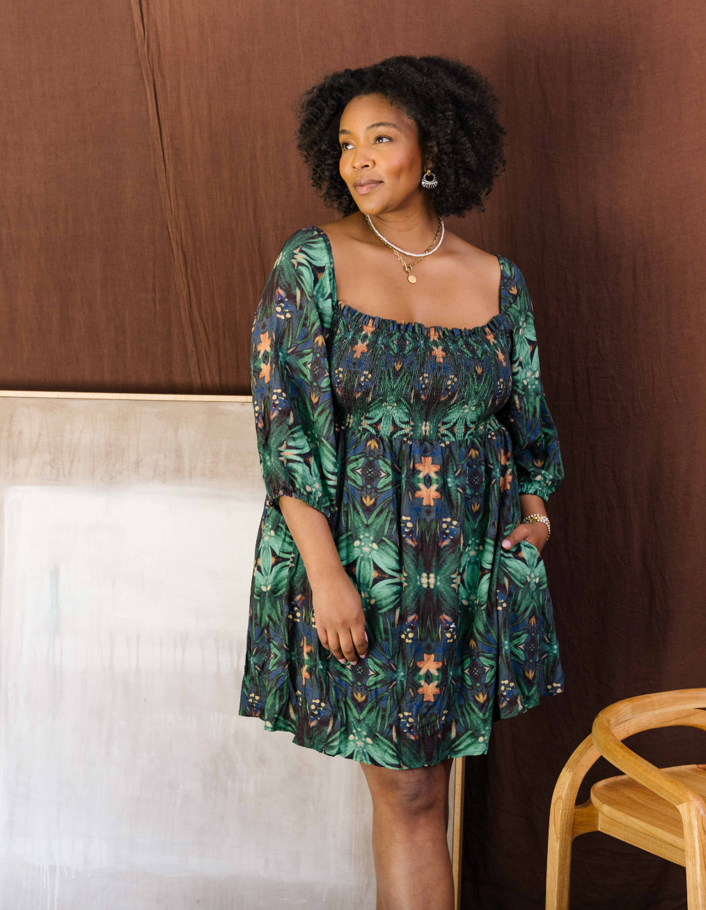 Smocked Tie-Back Mini Dress, Camellia 1